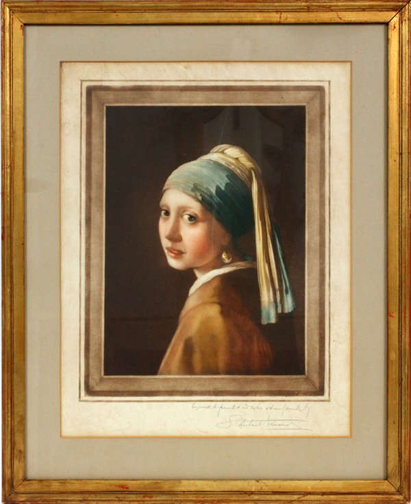 SAMUEL ARLENT EDWARDS MEZZOTINT: SAMUEL ARLENT EDWARDS [BRITISH, 1861-1938], MEZZOTINT, H 15 1/2" W 12 1/4", 'GIRL WITH THE PEARL EARRING':Pencil signed at the lower right; depicting a Dutch girl in profile, wearing a pearl drop earr