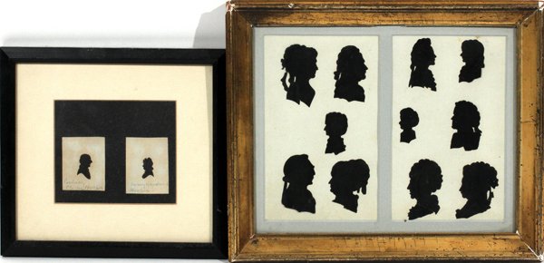 GERMAN PAPER SILHOUETTES, ANTIQUE, IN TWO FRAMES: GERMAN PAPER SILHOUETTES (11) & A PAIR OF SILHOUETTES, ANTIQUE, IN TWO FRAMES, 11 1/2" X 9 1/2":Including 11 cut-paper silhouettes mounted in an antique frame, the glass back reveals German notations 