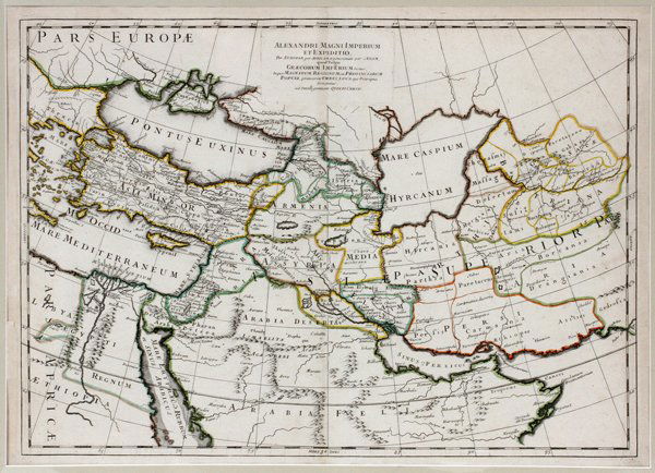 ALEXANDRI MAGNI IMPERIUM ANTIQUE MAP: ALEXANDRI MAGNI IMPERIUM ANTIQUE MAP, H 16", L 23":Matted and unframed. Hand colored; center fold.