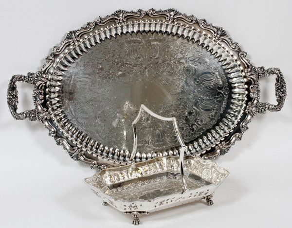 SHEFFIELD PLATE TRAY AND FRUIT BASKET: SHEFFIELD PLATE TRAY AND FRUIT BASKET L 24", 11":Sheffield plate serving tray 24" x 15" in rococo pattern. Hand chased. Also Vintage repousse footed basket with swing handle 11" x 8".
