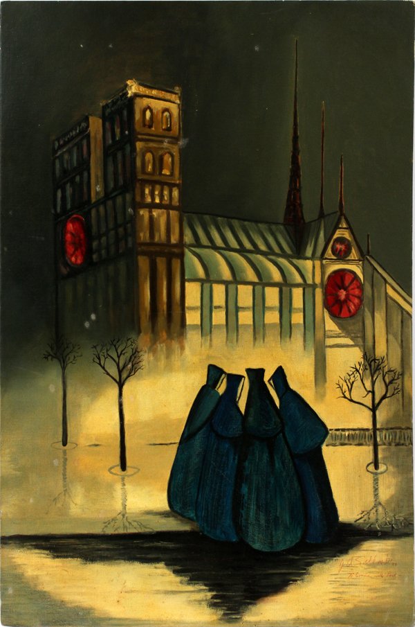 J.A. SILL M.D. OIL ON CANVAS PANEL 1979: J.A. SILL, M.D., OIL ON CANVAS PANEL, 1979, H 36", W 24", NUNS & CHURCH:Signed, dated and inscribed "To Connie with Love" lower right. Unframed. Stamped J.L. Hudson's.