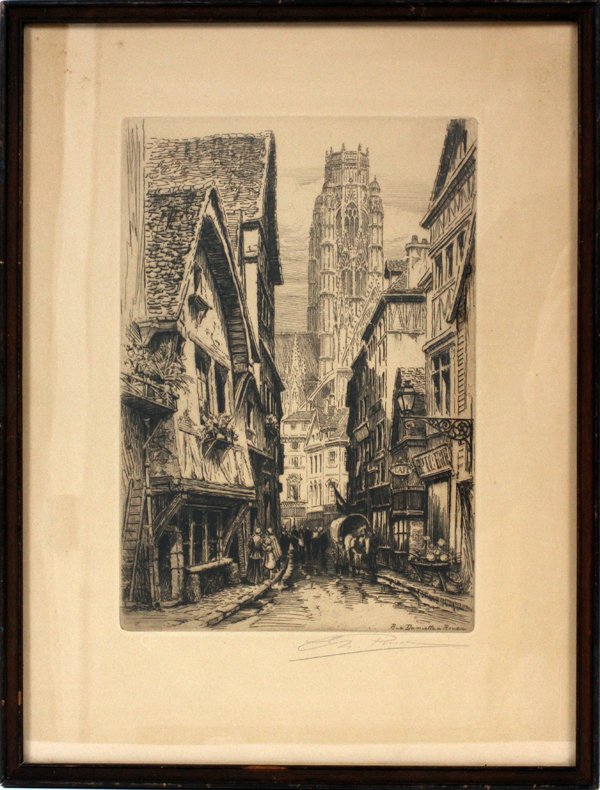 AFTER CAMILLE PISSARRO ETCHING: AFTER CAMILLE PISSARRO, ETCHING, H 11", W 7", "RUE DAMIETTE":Blind stamp "CP". Rue Damiette a Rouen. Image size, 11 1/8" x 7 3/4". Pencil Signed. Label: John Willis, 1420 Brush St.