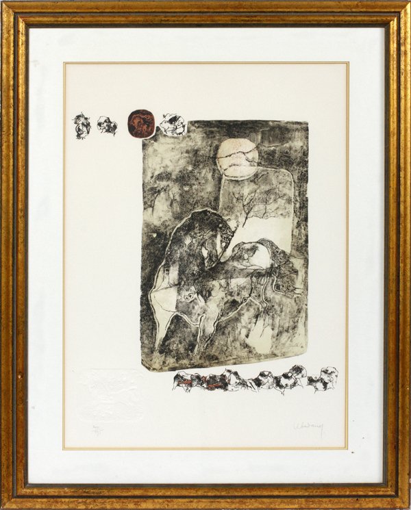 HOI LEBADANG INTAGLIO #240/275: HOI LEBADANG, INTAGLIO, #240/275, 29" X 23":Pencil signed; framed. Lebadang was born in Vietnam and emigrated to France in 1939 to study at the Ecole des Beaux-Arts in Toulouse. He had his first one-m