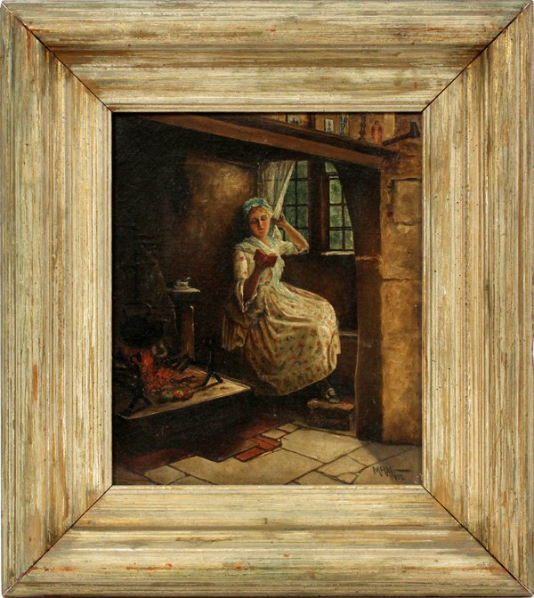 MAHL OIL ON CANVAS 1917: MAHL, OIL ON CANVAS, 1917, H 12" W 10", GIRL READING:Signed and dated 1917 at the lower right. Depicting a seated young girl reading by the window. Measuring H. 12" x 10", framed.