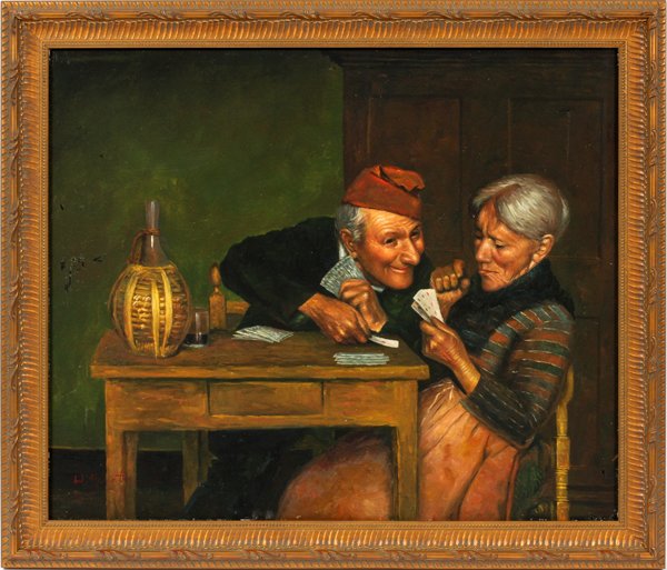 W. HAMPTON OIL ON CANVAS: W. HAMPTON, OIL ON CANVAS, H 19 1/2" W 23 1/2", PLAYING CARDS:Signed at the lower right, interior scene depicting a couple playing cards at the table. Measuring H. 19 1/2" x 23 1/2" visible, framed.