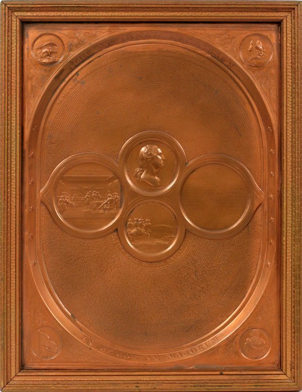 SAMUEL BLACH COPPER NATIONAL MEDALLION PLAQUE: SAMUEL BLACH COPPER NATIONAL MEDALLION PLAQUE H 17" W 13":Framed. 19th.c. At the top curve it says The National Medallion and at the bottom curve In Memoriam Majorum. The 4 circles depict George Washi