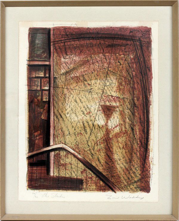 EMIL WEDDIGE LITHOGRAPH: EMIL WEDDIGE, LITHOGRAPH H 25" W 19" THE STUDIO 22/30:Paper size, pencil signed. #25/30. Entitled "The Studio". Framed. Michigan artist, Wayne State art professor, 1907 - 2001 represented primarily by