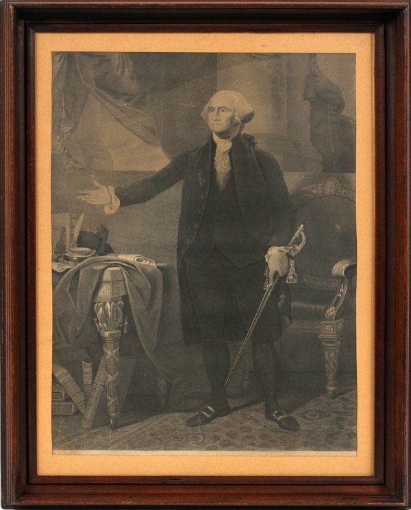ETCHING AFTER GILBERT STUART: ETCHING AFTER GILBERT STUART H 18 1/2" W 13" GEORGE WASHINGTON:After Gilbert Stuart. Walnut frame and matted under glass.