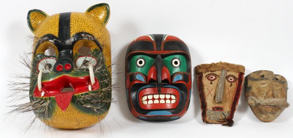NATIVE AMERICAN & MEXICAN MASKS 4 PCS: NATIVE AMERICAN & MEXICAN CARVED & WOVEN TRIBAL MASKS, 4 PCS, L 8"-15":Including two carved wood and polychrome masks, one of which is signed, "Gary Rice"; together with one mask form weaving, and one