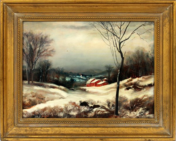 DEAN FAUCETT OIL ON CANVAS 1898: DEAN FAUCETT (AMER. 1913-1998), OIL ON CANVAS, 1898, H 11", W 15", WINTER FARM LANDSCAPE:Depicts a winter farm landscape, gilt wood frame. 11 1/2" H. x 15 1/2" W.
