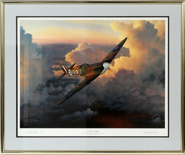 WILLIAM S. PHILLIPS COLOR LITHOGRAPH: WILLIAM S. PHILLIPS, COLOR LITHOGRAPH, H 24", W 31", "A TIME FOR EAGLES":color lithograph pencil signed lower right by Oscar H. Coen Colonel USAF (ret), Eagle Squadron, RAF, 1941. Artist pencil signed