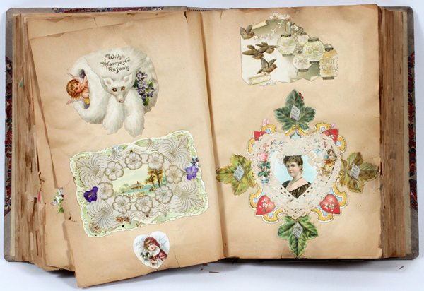 CARTOONS VALENTINE CARDS ETC SCRAPBOOK ALBUM 1903: ANTIQUE CARTOONS, VALENTINE CARDS, ETC SCRAPBOOK ALBUM, 1903:c1903, antique scrap book of valentine cards, etc;