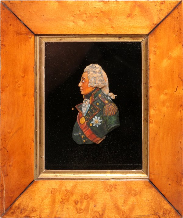 ENGLISH COLORED WAX MINIATURE PORTRAIT 19TH C.: ENGLISH COLORED WAX MINIATURE PORTRAIT, 19TH C., H 7" W 6":Antique Wax Portrait. - British Naval Officer.