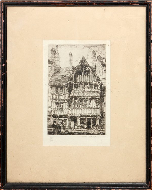 SAMUEL CHAMBERLAIN ETCHING: SAMUEL CHAMBERLAIN [AMERICAN, 1895-1975], ETCHING, H 9", W 5":Pencil signed at the lower right, edition #16/100. Depicting a city street with a building's façade. Entitled, "Old Houses, Lisieux". Mea