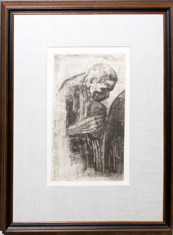 KÄTHE SCHMIDT KOLLWITZ RESTRIKE ETCHING C. 1975: KÄTHE SCHMIDT KOLLWITZ (GERMAN, 1867 - 1945), RESTRIKE ETCHING, C. 1975, H 10", W 6", "MAN MOURNING":Framed and matted under glass. The Arwin Galleries label on verso.