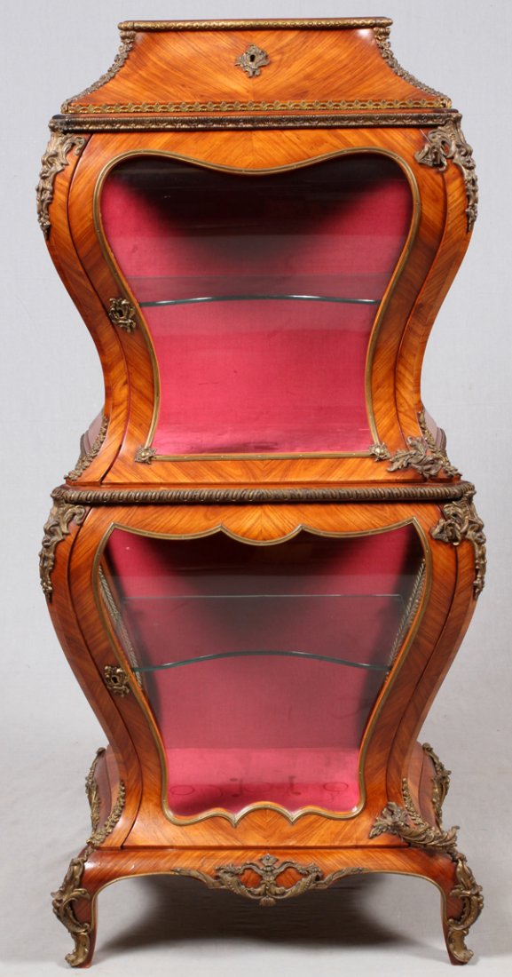 LOUIS XV STYLE SATINWOOD BOMBE VITRINE: LOUIS XV STYLE SATINWOOD BOMBE VITRINE, H 60", W 28", D 19":Comprising two doors, each opens to a single glass shelf, surmounted by a single drawer (see additional photo).