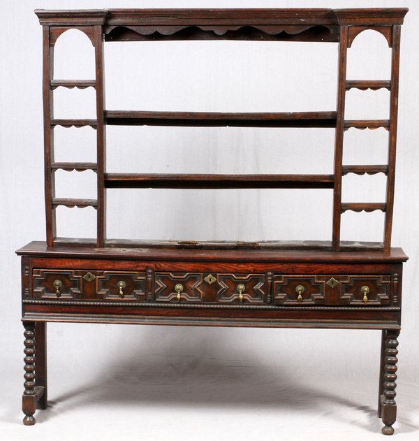 JACOBEAN STYLE OAK SIDEBOARD & SHELF 19TH C.: JACOBEAN STYLE OAK SIDEBOARD & SHELF, 19TH C., H 31 1/2", W 68", D 13":Including 1 sideboard, fitted with three drawers, and raised on barley twist front legs, H.31 1/2" x 68" x 13", together with 1 o