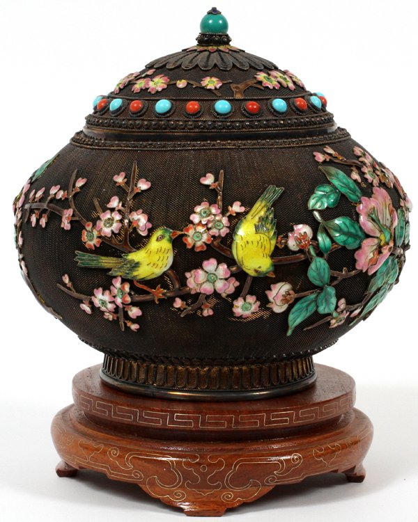 CHINESE SILVER-GILT FILIGREE & ENAMEL JAR: CHINESE SILVER-GILT FILIGREE & ENAMEL JAR, H 6", DIA 6 1/2":A bulbous jar with cover, adorned with yellow birds on blossoming pink branches, stamped "Silver" underneath (see additional photo). With a