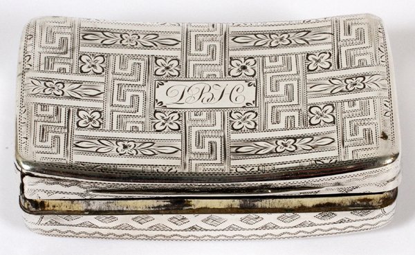 GEORGE III STERLING BOX BY JOHN SHAW BIRMINGHAM: GEORGE III STERLING BOX BY JOHN SHAW, BIRMINGHAM, 1805-06, L 2 5/8":Rectangular form with a gilt interior, monogrammed, "DBH" at the lid, decorated with incised floral and geometric design. Double hal