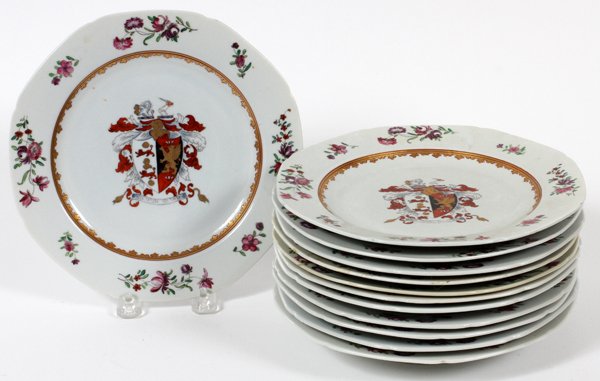 CONTINENTAL PORCELAIN PLATES & RIM SOUP BOWLS: CONTINENTAL PORCELAIN PLATES & RIM SOUP BOWLS, TWELVE PIECES, DIA 8 3/4":Including 6 plates with 6 matching rim soup bowls, each is hand painted with a shield at the well, pink and purple flower spray