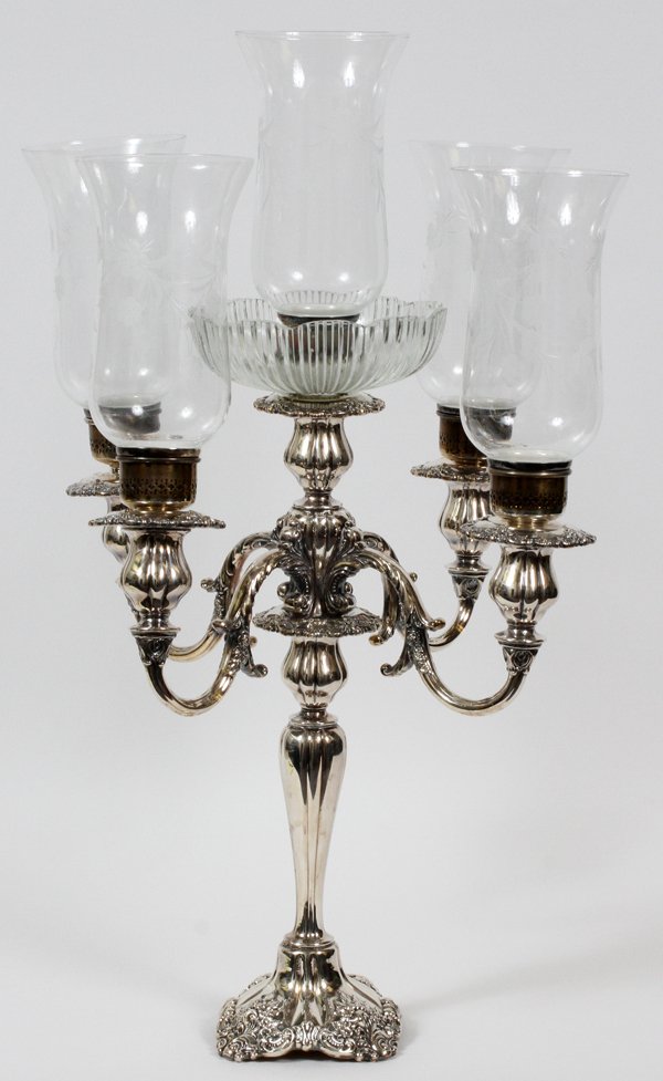 WALLACE 'BAROQUE' SILVERPLATE CANDELABRUM: WALLACE 'BAROQUE' SILVERPLATE CANDELABRUM, H 15", W 13":A single five-light candelabrum with glass globes, H.15". Wallace Silversmiths.