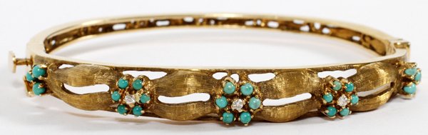 14KT GOLD TURQUOISE BEAD & DIAMOND BANGLE BRACELET: 14KT YELLOW GOLD, TURQUOISE BEAD & DIAMOND BANGLE BRACELET, W 2 1/2":A 14kt yellow gold hinged bangle bracelet set with groups of turquoise beads arranged in a floral pattern, three of which centered