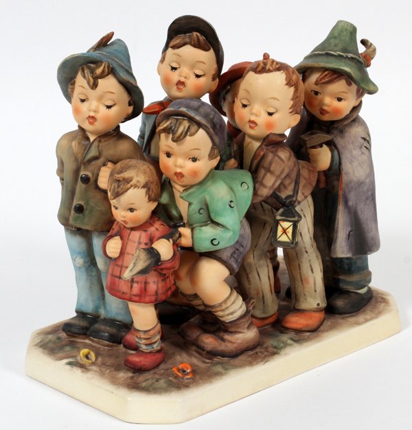 HUMMEL BISQUE FIGURE GROUP 'ADVENTURE BOUND': HUMMEL BISQUE FIGURE GROUP, 'ADVENTURE BOUND', H 7 1/2", L 8", #347:Featuring seven children in coats and hats, headed out. Goebel Bee mark, c. 1970-1979.