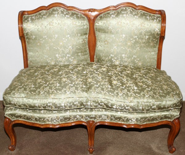 FRENCH STYLE SILK DOUBLE-CHAIR BACK SETTEE: FRENCH STYLE SILK UPHOLSTERED DOUBLE-CHAIR BACK SETTEE, H 32", W 44":Down-filled seat cushion. Measures H.32" x 44" x 20".