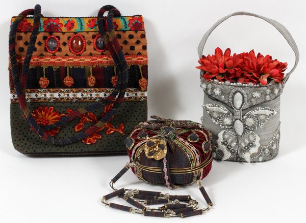 MARY FRANCES HAND & SHOULDER BAGS, THREE: MARY FRANCES HAND & SHOULDER BAGS, THREE, H 5"-9 3/4":Including one fabric hard case hand bag, adorned with butterfly form at the clasp, and applied fabric flowers at the hinged flap, with beadwork ac