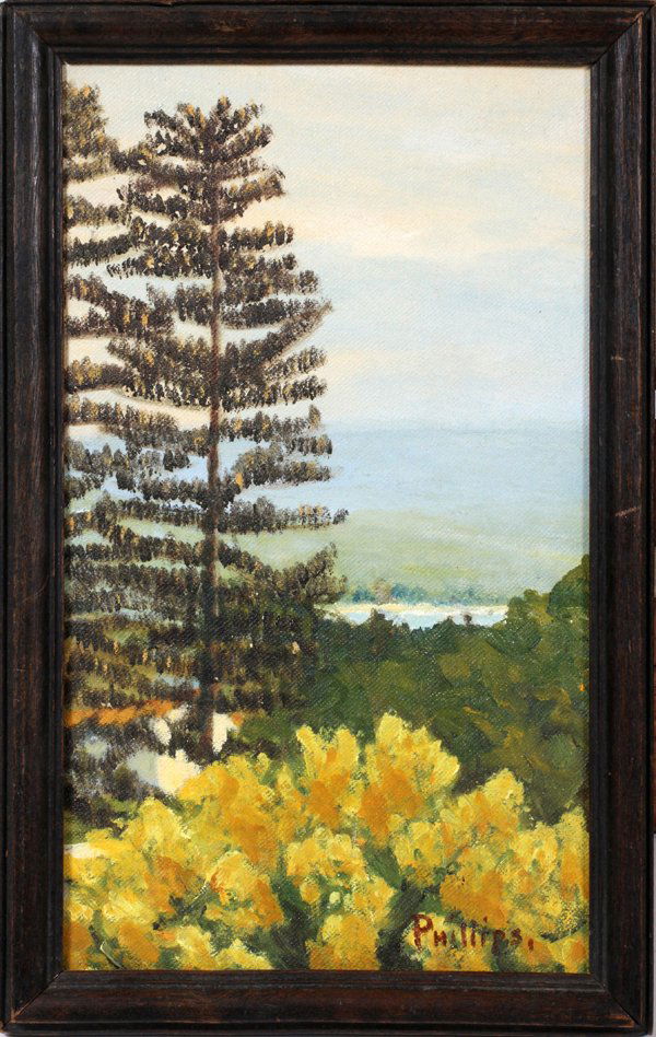 BERT PHILLIPS, OIL ON CANVAS BOARD: BERT PHILLIPS, OIL ON CANVAS BOARD, H 10.5", L 6.5", "BA WHYEA - TAOS":Bert Geer Phillips [American, 1868-1956]. A Summer landscape depicting Ba Whyea [Blue Lake] Taos, NM with pine trees, flowers, th