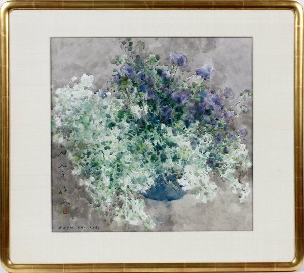 CHEN CHI WATERCOLOR 1989: CHEN CHI [CHINESE, 1912-2005], WATERCOLOR, 1989, H 20" W 21", FLORAL STILL LIFE:Signed and dated 1989 at the lower left, and marked with characters along the left side; depicting a still life of purpl