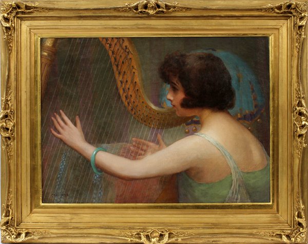 CARL NYS OIL ON CANVAS C. 1910: CARL NYS (BELGIAN B. 1858), OIL ON CANVAS, C. 1910, H 21", W 29", "THE HARP PLAYER":Ateliers A Vauves Paris exposition stamp; signed lower left; later gilt frame.