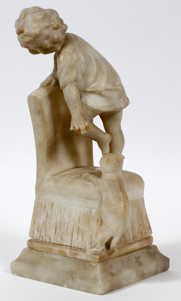 ENRICO BRUNELLESCHI CARVED ALABASTER SCULPTURE: ENRICO BRUNELLESCHI [ITALIAN, 20TH C.], CARVED ALABASTER SCULPTURE, H 13" W 5 3/4", CHILD AT PLAY:Signed at the base, depicting a young girl atop a chair, playing with the cat. Measuring H. 13" x 5 3/