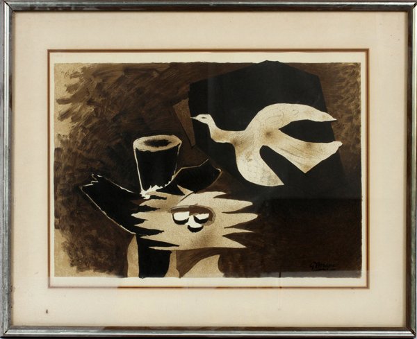 GEORGES BRAQUE LITHOGRAPH: GEORGES BRAQUE LITHOGRAPH, H 15", L 21", L'OISEAU ET SON NID:Framed and matted under glass. Signed in plate. L'oiseau et son nid of the bird and its nest.
