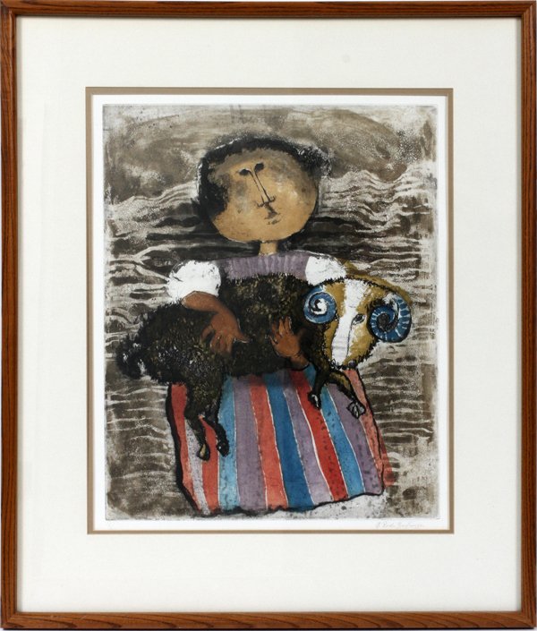 GRACIELA RODO BOULANGER LITHOGRAPH: GRACIELA RODO BOULANGER [B. 1935], LITHOGRAPH, H 21" W 17", CHILD & LAMB:Graciela Rodo Boulanger [Bolivian, b. 1935]; lithograph on paper, pencil signed at the lower right, #16/100 {edition number is