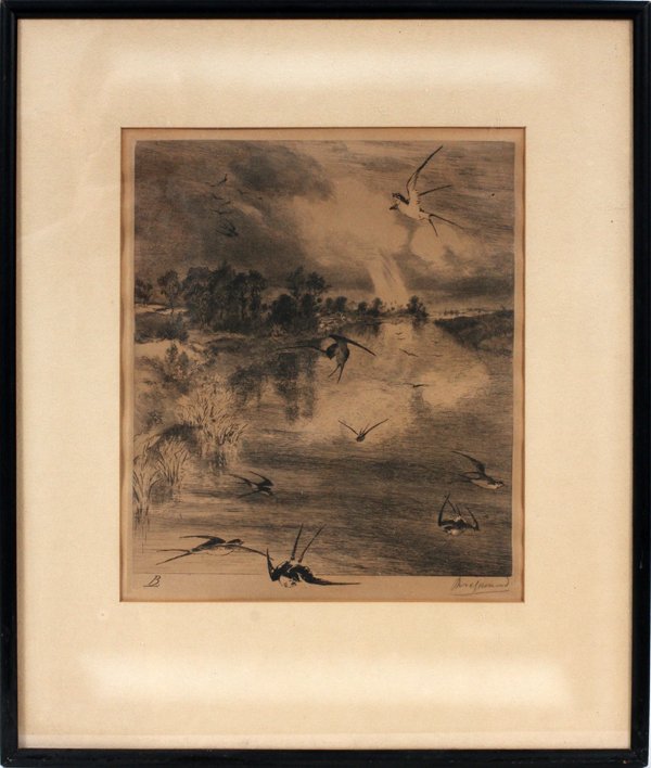 FELIX BRACQUEMOND ETCHING SWALLOWS IN FLIGHT: FELIX BRACQUEMOND [1833-1914], ETCHING, H 13" W 11", SWALLOWS IN FLIGHT:Felix Bracquemond [French, 1833-1914]; pencil signed at the lower right, entitled, "Swallows in flight". Measuring H. 13" x 11"