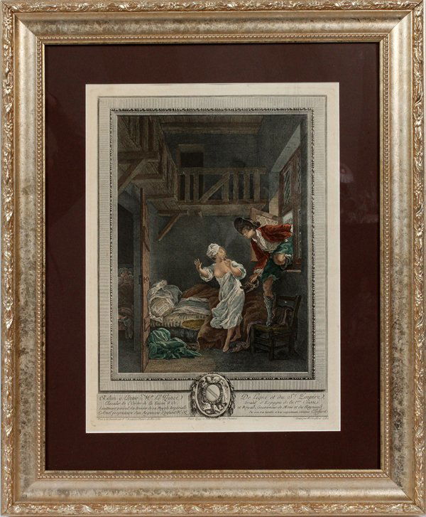 AFTER PIERRE BAUDOUIN HAND COLORED ETCHING.: AFTER PIERRE BAUDOUIN HAND COLORED ETCHING, H 15.5". L 11.5", "MARCHEZ TOUT DOUX, PARLEZ TOUT BAS":Pierre Antoine Baudouin [French, 1723-1769]. Engraved by Pierre-Philippe Choffard. Framed and matted