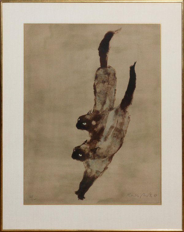 KAIKO MOTI LITHOGRAPH 1964: KAIKO MOTI [INDIAN, 1921-1989], LITHOGRAPH, 1964, H 25" W 19", "NEW CATS":Pencil signed and dated '64 at the lower right, edition #12/120. Entitled, "New Cats". Measuring H. 25" x 19", matted and fram