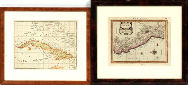 ANTIQUE BOOK PAGES MAPS OF PERU & CUBA TWO: ANTIQUE BOOK PAGES, MAPS OF PERU & CUBA, TWO, H 6 1/2" W 8":Including a map of Peru, and a map of Cuba, measuring H. 6 1/2" x 8 1/4" and H. 6 1/2" x 8". Each is matted and framed under glass.