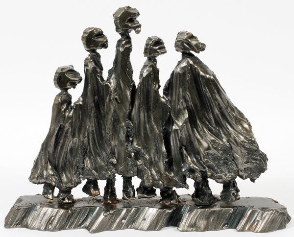 BORIS KRAMERSTEEL FIGURE SCULPTURE 1982: BORIS KRAMER [CANADIAN], STEEL FIGURE SCULPTURE, 1982, H 10 1/2" L 13 1/4":Boris Kramer [Canadian, b. 1969]. Signed, "Kramer" and dated '82 at the base, depicting five standing figures, measuring H. 1