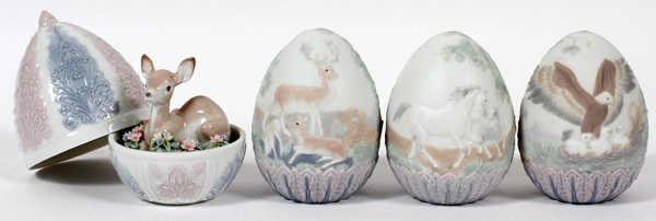 LLADRO PORCELAIN & BISQUE EGGS FOUR: LLADRO PORCELAIN & BISQUE EGGS, FOUR, H 4"-5", INCLUDING 'FAWN SURPRISE':Including 1 porcelain "Fawn Surprise", number 6618, an egg opening to fawn among blossoms; together with 3 bisque eggs, limited