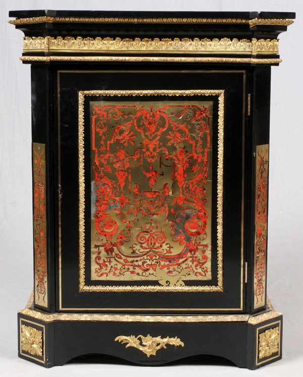 FRENCH BOULLE & BRONZE ORMOLU MOUNTED CABINET: FRENCH BOULLE & BRONZE ORMOLU MOUNTED CABINET, 19TH C., H 44", W 34", D 17":A black lacquer and boulle cabinet, adorned with bronze ormolu mounting. Fitted with a single door opening to a shelf interi