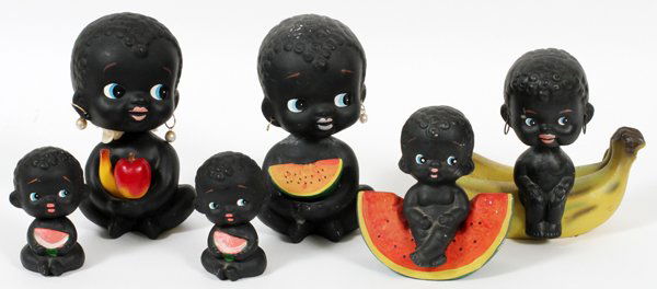 NATIVE BOBBER FIGURAL BANKS C. 1950S SIX-6: NATIVE BOBBER FIGURAL BANKS, C. 1950S, SIX, H 3"-6":Including six plaster bobber figural banks, each depicted with a piece of fruit. Measuring H. 3" to 6 1/2". For a high resolution photo