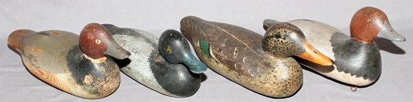MASON CARVED DUCK DECOYS FOUR: MASON CARVED DUCK DECOYS, FOUR, L 14"-16":Mason carved duck decoys, four. For a high resolution photo CLICK HERE