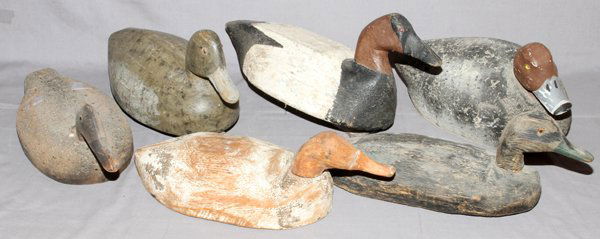 HAND CARVED WOOD & CORK DUCK DECOYS 6: HAND CARVED WOOD & CORK DUCK DECOYS, 6, L 14"-17":Unsigned. Redheads, blacks, etc. For a high resolution photo CLICK HERE