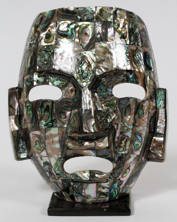 ABALONE MASK: ABALONE MASK, H 7", W 6 1/2":Mayan style mask, mounted on a black plastic base. Contemporary. For a high resolution photo CLICK HERE