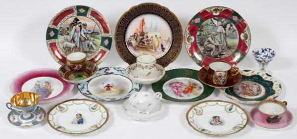 CONTINENTAL PORCELAIN TABLEWARE 21 PCS: CONTINENTAL PORCELAIN TABLEWARE, 21 PCS, W 3 3/8"-9 1/2":Including a pair of Moritz Zdekauer Austrian portrait plates of Napoleon and Josephine, W. 7 3/4"; together with one Capo Di Monte porcelain cu