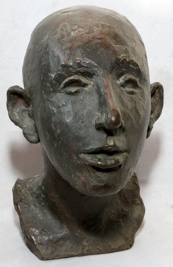 MODERN BRONZE BUST OF MAN: MODERN BRONZE BUST OF MAN, H 11", W 6", UNSIGNED:A bronze bust of a bald man. Appears to be unsigned, measuring H. 10 3/4" x 6". For a high resolution photo CLICK