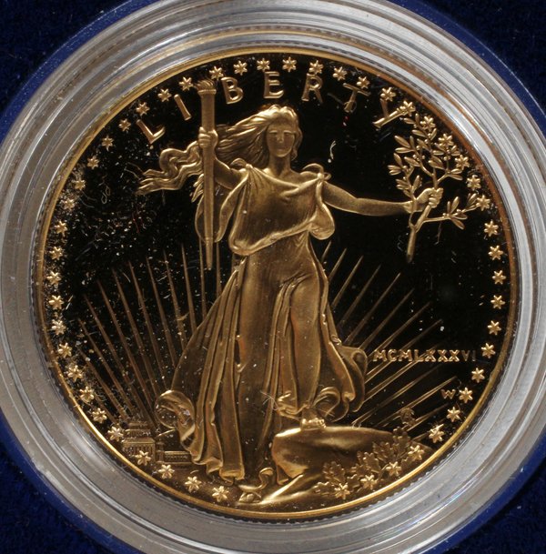 GOLD BULLION COIN 1OZ PROOF AMERICAN-EAGLE 1986: GOLD BULLION COIN 1OZ PROOF AMERICAN-EAGLE 1986-W (1):$50.00 Cased in blue velvet with document, with case. Low mintage For a high resolution photo CLICK HERE