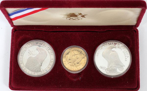 U.S OLYMPIC PROOF $10. GOLD $1. SILVER 3-PC SET: U.S OLYMPIC PROOF $10. GOLD, $1. SILVER 3-PC COIN SET:Red velvet case, etc. $10.dollar gold coin with Olympic runners and American Eagle. American Eagles $1.00 dollar Coins. 1984. For a high resolutio